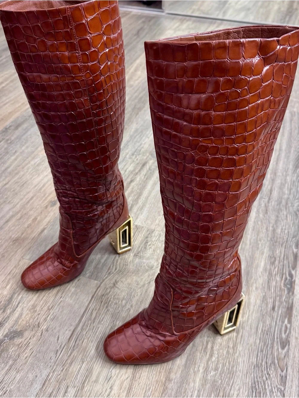 Tory Burch Croc-Embossed Chestnut Mid-Calf Boots with Geometric Metallic Heel
